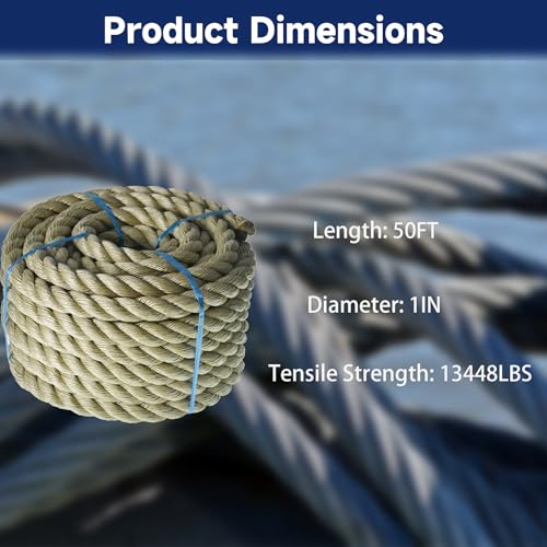 1 inch x 50 feet Twisted ProManila Rope Cordage, UnManila 3 Strand Synthetic Polypropylene Rope for Landscaping, Tug of War, Marine, DIY Projects and Dock Railing - size: 1in*50ft