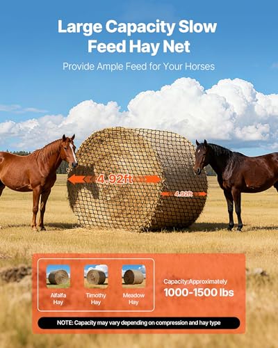 VEVOR Round Bale Hay Net, 4.92 x 4.92 x 4.92 ft, 1.65 inch Holes, PE Material, Knotless Design, with Self-Locking Zip Ties, Needle Shuttle, and Repair Twine, Slow Feeder Round Bale Net for Horses - size: 4.92 x 4.92 x 4.92 ft
