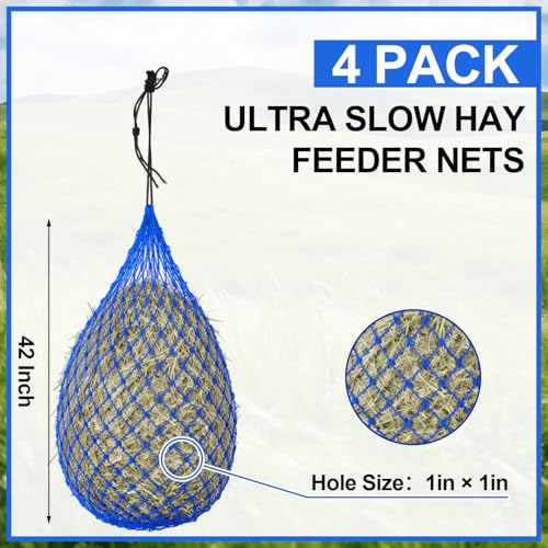 Windyun 4 Pcs Deluxe Ultra Slow Hay Feeder Nets, 42" Length with 1" Feeding Holes, Horse Supplies Heavy-Duty Top Loading Black Horse Hay Bag for Goats Sheep Livestock Barn Farm Feeding Tack(Blue) - color: Blue