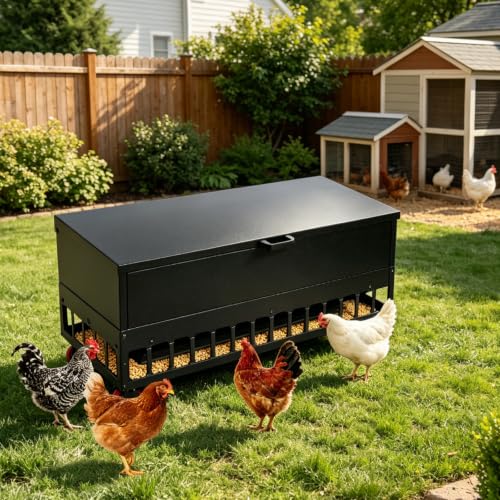 120LBS Heavy-Duty Galvanized Automatic No-Waste Chicken Feeder | 38 Ports Grille Gravity Feed Saving Design with Weather Resistant Lid & Side Wheels, Suitable for Hens, Ducks & Geese