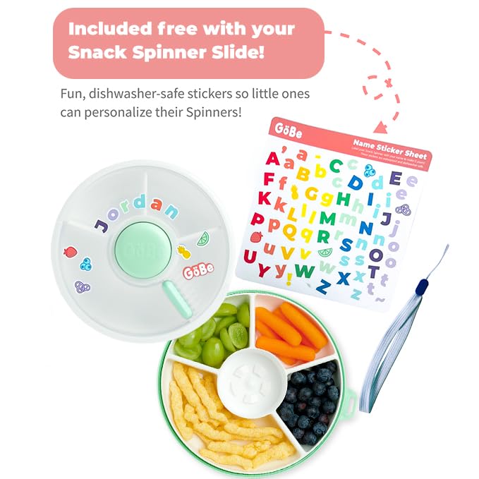 GoBe Kids Small Snack Spinner Slide Bundle with Hand Strap and Sticker Sheet - Reusable Snack Container with 5 Compartment Dispenser and Lid | BPA/PVC Free | Dishwasher Safe | No Spill - Taro Purple | Bundle with Hand Strap & Stickers, Reusable Snack Cont