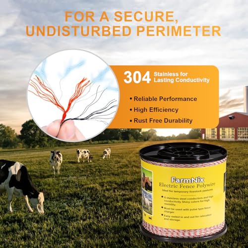 Electric Fence Polywire, 3280FT 6-Strand Stainless for Livestock | Farms & Ranches, 1000M Length, 6 Stainless Steel Strands, High Visibility Red & White, Fits Horses, Cattle, Sheep & Goats