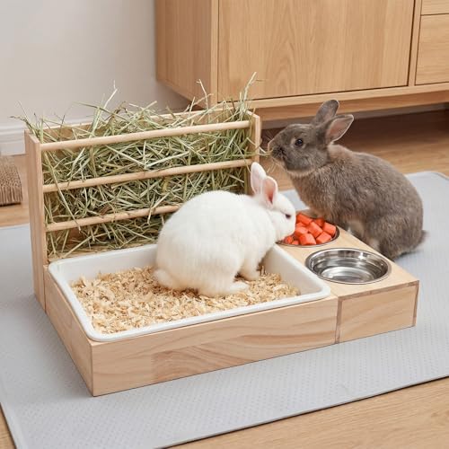3-in-1 Rabbit Hay Feeder, Rabbit Litter Box with Hay Feeder and Bowls, Guinea Pig Hay Feeder, for Rabbits, Guinea Pigs, Small Animals