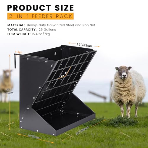 Hay Feeder for Goats 25 Gallon Horse Hay Rack for Sheep | Wall Mount 2 in 1 Hay and Grain Feeder, Hanging, Adjustable, Durable Metal Material, No Waste Design, Easy to Install