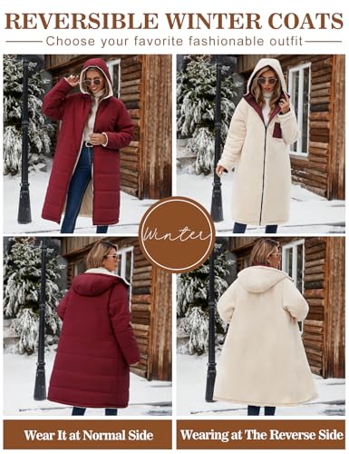 Women Winter Coats Fleece Long Coats Jackets Oversized Warm Down Jacket with Hood - color: Burgundy, size: Large
