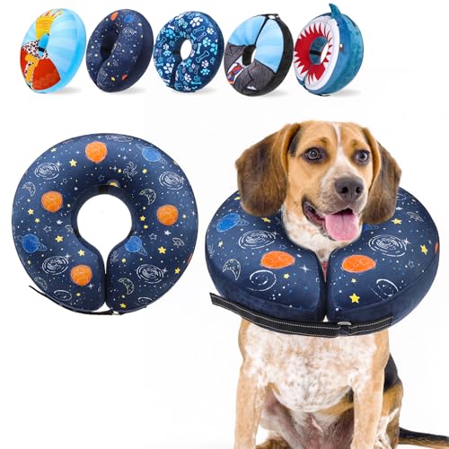 SCENEREAL Soft Dog Cone Alternative After Surgery for Large Medium Dogs | Inflatable Recovery Pillow Collar for Dogs, Adjustable Neck Donut to Stop Licking, Planet Print E-Collar, M - color: Navy Blue Planet, size: M(Neck 13"-16")