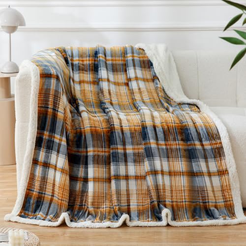 PU MEI Sherpa Blanket Twin Plaid Thick Bed Blanket, 60”*80” Super Soft Flannel Fuzzy Fleece Reversible Velvet Plush Warm Blanket for Couch (Blue Yellow Check) - color: Blue Yellow Check, size: 60"*80"