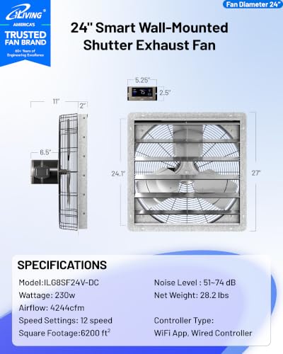 iLIVING 24" Smart Wall Mounted Shutter Exhaust Fan, 4244 CFM, 12-Speed, WiFi App Control Ventilation for Garages, Warehouse, Barn, Greenhouses, Auto Temperature Humidity Control, BLDC Motor, Hardwired - size: 24-inch