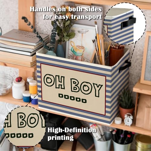 Oh Boy Kids Storage Bins Box with Handles, Retro Blue Striped Collapsible Basket Organizer for Kids Boy Nursery Room Playroom Bedroom Bathroom Books Clothes - color: Color16
