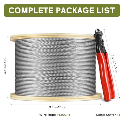 1200FT 1/8" Stainless Steel Cable for Railing, 7x7 Wire Rope | Marine-Grade T316 SS, High Strength, Flexible for Deck Cable Railing System Kit, DIY Balustrades, Comes with a Cutter - size: 1200 ft