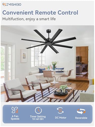 ZMISHIBO 65 Inch Ceiling Fan without Light, 8 Aluminum Reversible Blades | Industrial-Grade, DC Motor, Damp Rated, 6 Speeds, Remote Control, 3 Downrods, Flat/Sloped Ceiling, Living Room, Patio, Gym - color: Black, size: 65inch