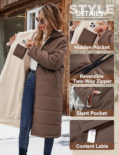 Yusongirl Women's Reversible Long Winter Puffer Coat with Hood and Fleece | Two wearable sides for winter commutes, school runs and city errands, with quilted warmth, soft fleece, a hood and pockets - color: Coffee, size: Small