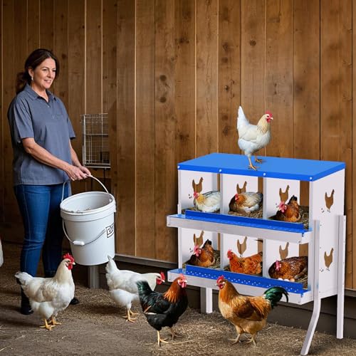 6 Hole Chicken Nesting Box, Galvanized Steel with Removable Trays for Backyard - color: Blue, size: 6 holes with legs