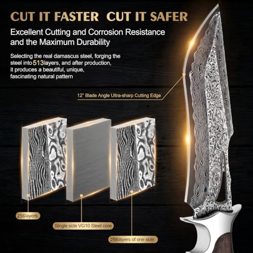 Damascus Hunting Knife 10.4" Fixed Blade VG10 Leather Sheath | 513-layer hand-forged bowie construction with ergonomic rosewood handle for outdoor camping and survival - style: Damascus Steel-2