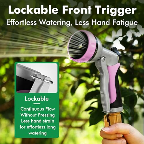 RESTMO Garden Hose Nozzle, Heavy Duty Metal Water Hose Nozzle with 7 Adjustable Spray Patterns, High Pressure Hand Sprayer with Flow Control, Best for Watering Plant & Lawn, Washing Car & Pet, Pink - color: Pink