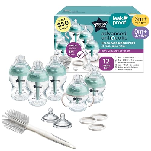 Tommee Tippee Advanced Anti-Colic Baby Bottle Set, Newborn 0m+ | 12 Pieces, 5oz & 9oz BPA Free Bottles, Slow & Medium Flow Breast-Like Nipples, Bottle Handles, Cleaning Brush - color: Clear, 12 Pieces