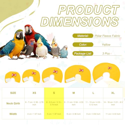 Bird Collars, Bird Cone Collar Protective Recovery Cones, Soft Adjustable Anti-Bite Feather Neck Protector (Yellow, S, 3 Pcs), Intended for Budgie/Cockatiel/Lovebirds - color: Yellow, size: S