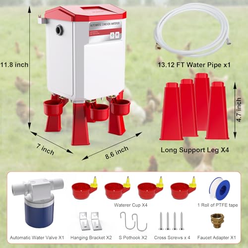 Automatic Chicken Waterer 2 Gallons, Float-Controlled Chicken Water Feeder with 4 Water Cups, 158.4-Inch Hose with 3/4'' and 1/2'' Ends, Large Poultry Waterer for Chick Quail Duck Turkey, Red - color: Red