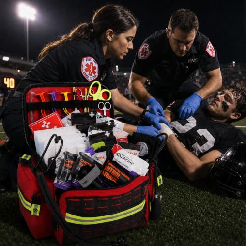 Lightning X Mid-Sized First Responder EMT Bag | LXMB25 | Fully Stocked w/ 248+ First Aid Supplies + Trauma Pak w/C.A.T. Tourniquet & QuikClot - RED - color: Red