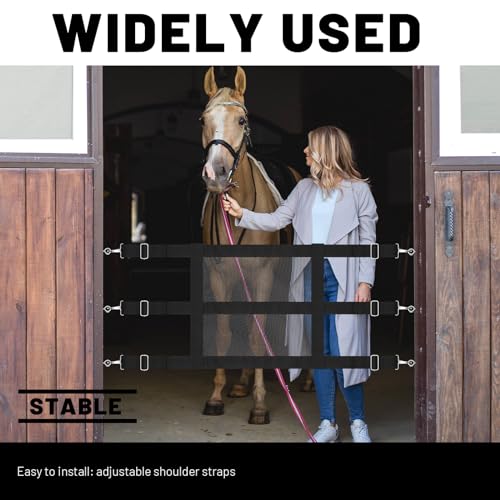 Stall Guards for Horses 57 x 18 Inch Adjustable Nylon Mesh Gate with 6 Snap Hooks and Screw Eye Hardware Black Barn Door Barrier for Stable Entry Portable Equine Stall Opening Access Divider