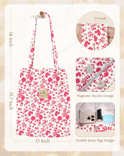 Miss Adola Corduroy Tote Bag for Women with Aesthetic Design | Magnetic Buckle & Pocket, Reusable, Soft, Roomy, Long Shoulder Handles, Double-sided Print, Casual Daily Work, Grocery Bags - color: Pk Fresh Flower, size: Large