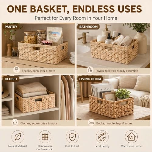 Wicker Storage Basket for Organizing, Handwoven Water Hyacinth Basket with Metal Frame & 3 Handles, 16.5"L x 13"W x 7.5"H