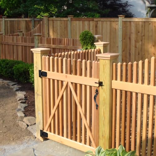 Fence Gate Hardware Kit, 3-1/2" Heavy Duty Gate Hinges, Latch and Handle | 2 Pack T Hinges, Self Locking Gate Latch, Decorative Cate Handle, Included Screws, Black, HOME MASTER HARDWARE