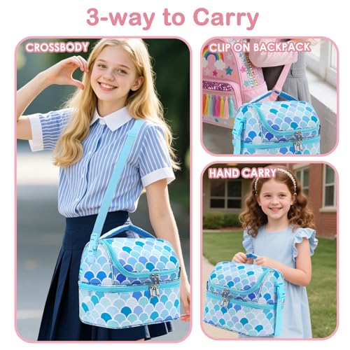 FlowFly Double Decker Cooler Insulated Lunch Bag Large Tote for Boys, Girls, Men, Women, With Adjustable Strap (Mermaid) - color: Mermaid
