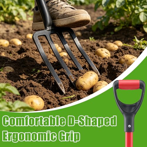 Pitch Fork for Hay, Heavy Duty Pitchfork for Garden, Metal Broadfork Yard Garden Tools Long Handle for Gardening Digging, Mulching 43 inch