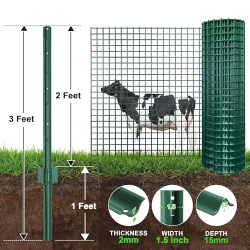 Fence Post 3 Feet / 36 Inch, Pack of 10, Heavy Duty Metal Fence Posts, No Dig U Post with U-Channel, Adjustable Tabs & Anchor Plate, Rust-Proof Steel Fence Stakes for Garden, Farm, Lawn, Poultry - size: 3 Feet