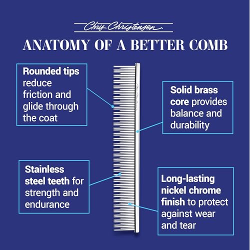 Chris Christensen 6in Cat/Carding Dual Tooth Butter Comb, Groom Like a Professional, Rounded Corners Prevent Friction and Breakage, Solid Brass Spin with Steel Teeth, Chrome Finish