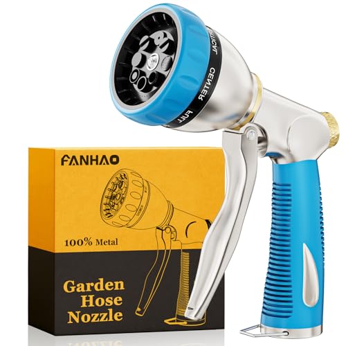 FANHAO Metal Garden Hose Nozzle Heavy Duty, 8 Spray Patterns, High Pressure | Comfortable Non-Slip Handle, Hands-Free Lock, Rustproof Leak Proof Water Hose Sprayer for Watering Plant, Car & Pet Washing - color: Blue