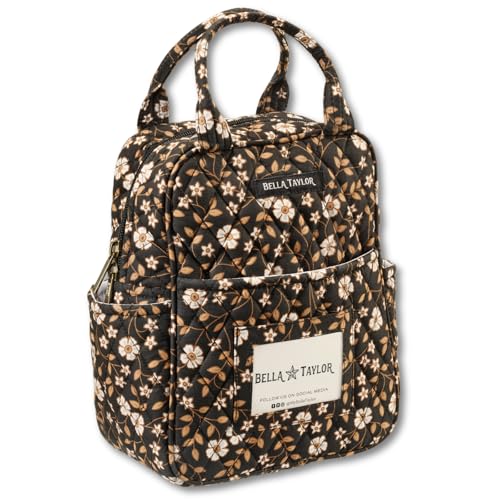 Bella Taylor Lunch Tote, Quilted Lunch Bag, Vintage Vine Black | Lightweight quilted cotton lunch box, easy-to-clean PEVA lining, 3 outside/1 inside pocket, durable construction - color: Vintage Vine Midnight