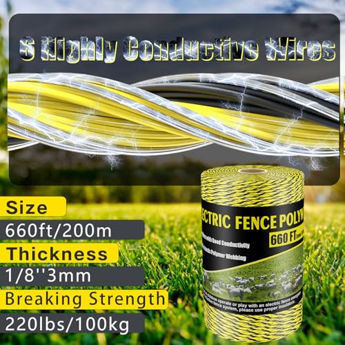 Upgrade Electric Fence Polywire 660FT,200 Meters, 6 Stainless Steel Strands for Reliable Conductivity, Portable Electric Fencing, UV Resistant, Rust Resistant, Highly Conductive, Easy to Install - size: 660 Feet