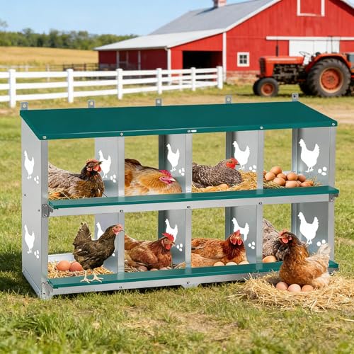 Chicken Nesting Box, 8 Compartments Nesting Box with 4 Fake Eggs & 10 Soft Nest Pads, Wall Mounting for Easy Egg Collection, Heavy Duty Galvanized Steel Rustproof Laying Box with Vented & Easy Clean - size: 8 compartment