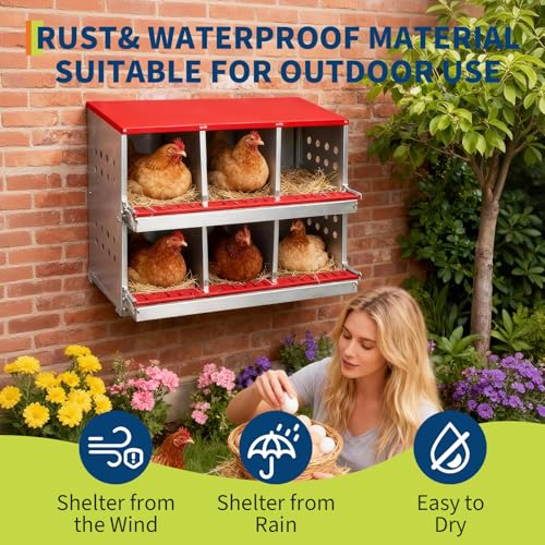 37.8" Metal Chicken Nesting Box, 6-Compartment 2-Tier Poultry Nest Box with Perch and Ventilation Holes, Red Roof Hen Laying Box for Up to 6 Chickens - color: Red A, size: 37.8"L x 18.9"W x 28.0"H