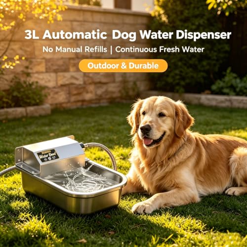 Automatic Self-Filling Dog Water Bowl,3L/101oz | Stainless Steel Outdoor Large Capacity Pet Water Dispenser with Float Valve,Fits 3/4" Garden Hose for Dogs,Cats&Livestock