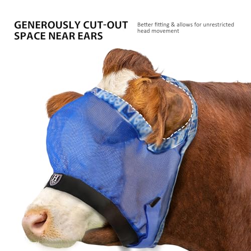Harrison Howard Cattle Livestock Fly Mask Breathable Mesh Padded Edging with Fun Patterns Large Spacing Forelock Opening Design Adjustable Fit for Cattle Signature Blue - color: Signature Blue