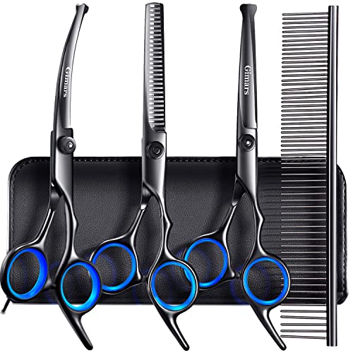 Gimars Dog Grooming Scissors Kit Professional 4CR with Safety Round Tip, 5 in 1 Heavy Duty Titanium Coated Thinning & Curved & Straight Shears - style: Professional Black 5 in 1
