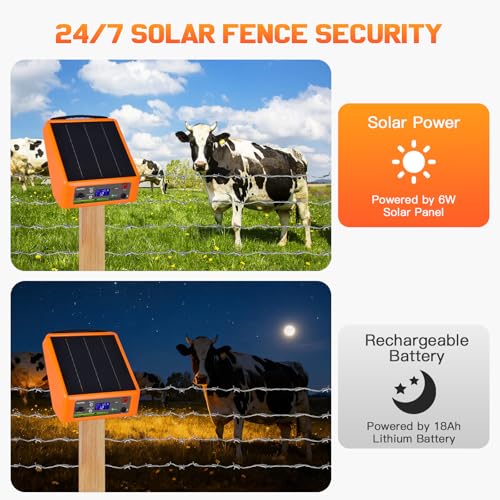 20 Miles Solar Electric Fence Charger, 0.3-2.0J Adjustable Output | Farms & Ranches, 6W Solar Panel, 18Ah Lithium Battery, 6-12KV 0.3-2.0J Adjustable Output, Day & Night Mode, IP55 Waterproof - color: Orange