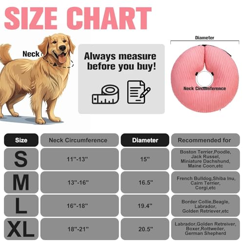 BINGPET Inflatable Dog Cone Collar,Dog Neck Donut Alternative After Surgery | Soft Cone for Large Medium Small Dogs Cats, Recovery E Collar to Stop Licking Pets from Injury, Lightweight Breathable Cotton - color: Pink, size: L(Neck: 16"-18" | Diameter: 19