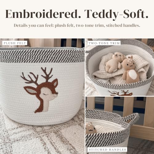 Deer Baby Storage Basket, Woven Cotton Rope Nursery Bin, 15x11 in | Stuffed Animal and Blanket Storage, Soft Felt Deer Patch, Woodland Nursery Decor, Kids Playroom Organizer - color: Deer