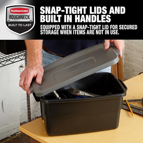 Rubbermaid 6-Pack Heavy Duty Durable 3 GAL Totes for Storage with Snap Lids and Handles, Plastic Storage Bins Stackable Black Gray for Home and Garage (3 GAL - 6 Pack Solid Black and Grey) - size: 3 Gal - 6 Pack