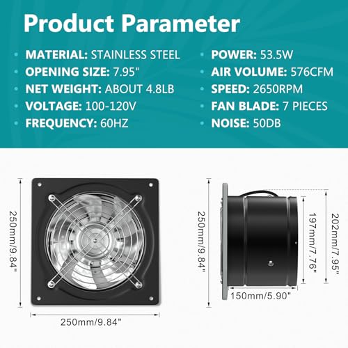 HG Power 8 Inch Exhaust Fan with Switch, Powerful Kitchen Exhaust Fan with Damper, Potable Window Exhaust Fans, Small Fume Extractor Ventilation Fan for Attic, Shop, Smoking Room, Garage - color: Black, size: 8 Inch