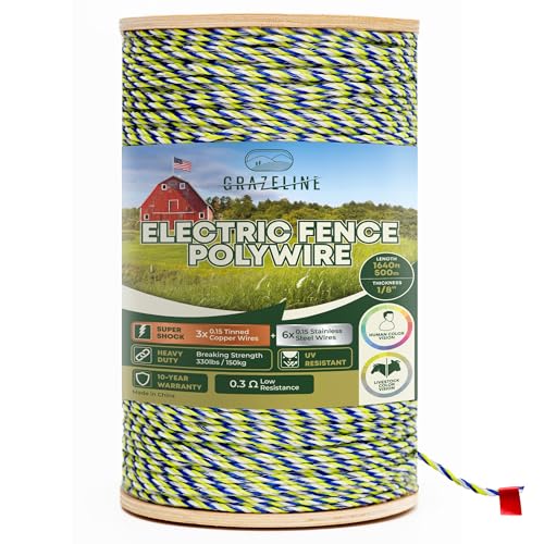 Electric Fence Polywire 9-Strands 1/8” 1640ft - Hot Wire 0.3 Ohm Resistance | 330lb Strength Tinned Copper & Stainless Steel - Suitable for Horses Livestock Rotational Grazing & Pasture Electric Fencing - size: 1640 ft