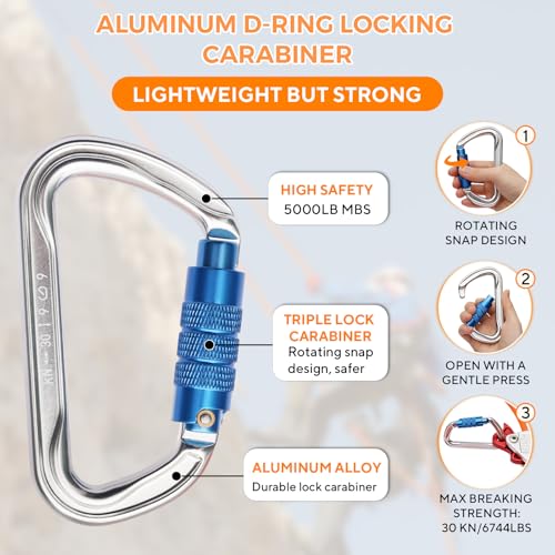 8ft Steel Wire Core Flipline, 3300Lbs Arborist Positioning Lanyard Kit | 1/2" FlipLine Tree Climbing Gear with Triple Lock Carabiner, Steel Swivel Snap & Rope Grab for Tree Climbing Fall Protection - size: 1/2’’ x 8 ft