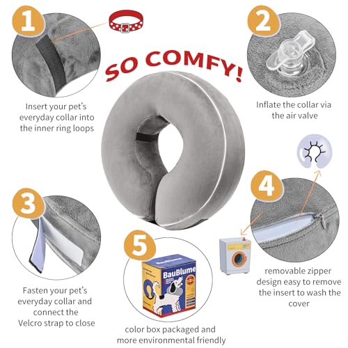 Inflatable Reflective Dog Cone Collar Alternative After Surgery,Doggie Recovery Dount Neck Ecollar,Adjustable Soft Dog Cone Collar for Small Medium Large Dogs (Grey, M) - color: Grey, size: Medium（10.5"-13"）