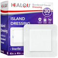 HEALQU Island Dressing - 4"x4", 30 Count - Bordered Gauze Sterile Individually Wrapped Gauze Pads, Water-Resistant, Non-Woven Backing - Soft and Breathable Wound Dressing for First Aid and Medical | Water-Resistant, Latex-Free, High Absorbent, Adhesive Bo