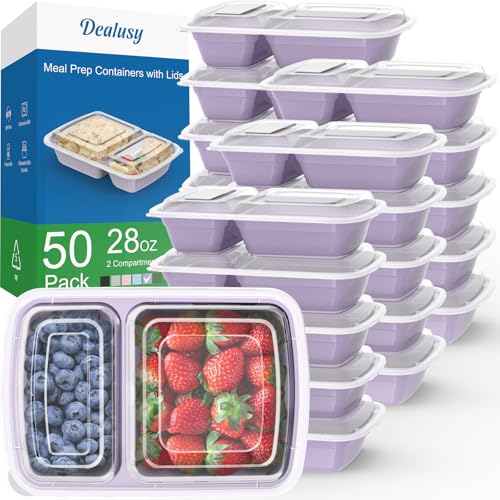 Dealusy 50 Pack 28 oz Meal Prep Containers with Lids 2-Compartment, Lilac | Sturdy Leakproof & Food Safe, Microwave, Freezer, Dishwasher Safe Prep Containers, To Go Take Out Plastic Food Storage - color: Lilac