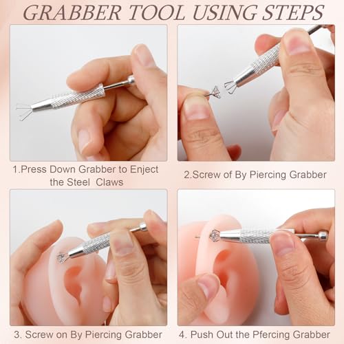 2Pcs Piercing Ball Grabber Tool for Changing Jewelry, Stianless Steel Flat Back Earring Applicator Internally Threaded Push Pin Piercing Grabber Tool - color: Silver-2pcs